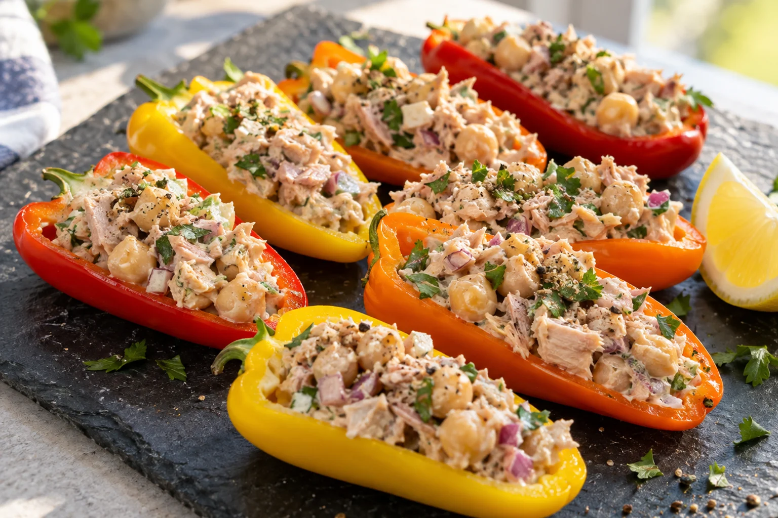 Halved red, orange and yellow mini peppers filled with creamy tuna and chickpea salad on a slate board