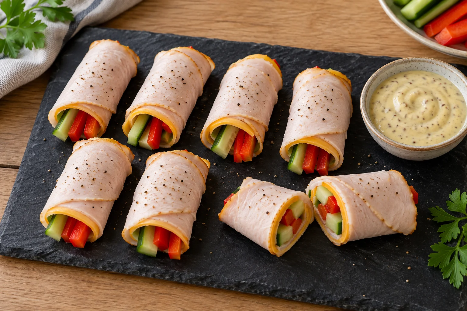 Turkey and cheddar roll-ups with cucumber and pepper sticks on a slate board