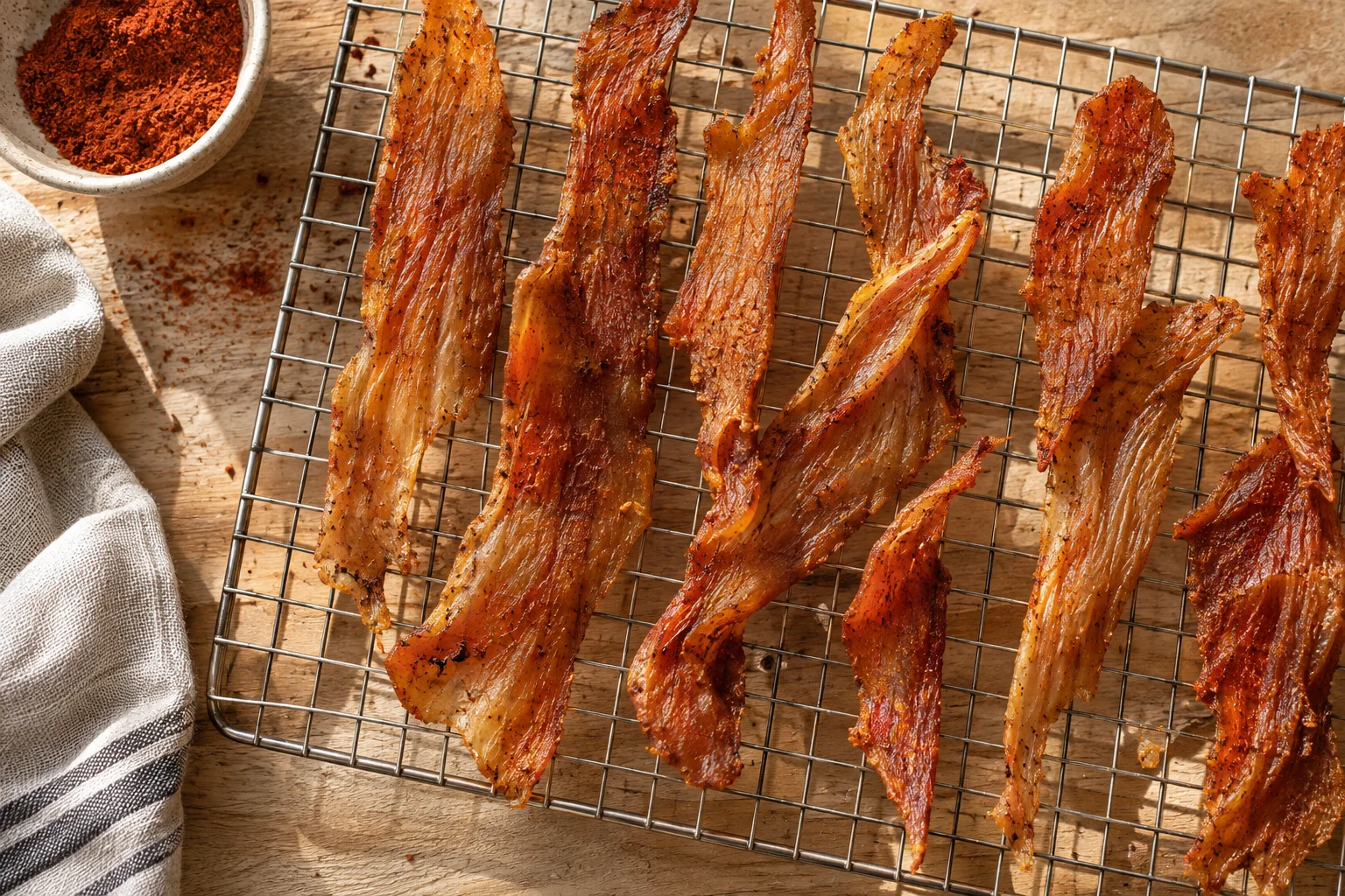 Pale golden-brown turkey jerky strips on a wire rack with a sprinkle of smoked paprika