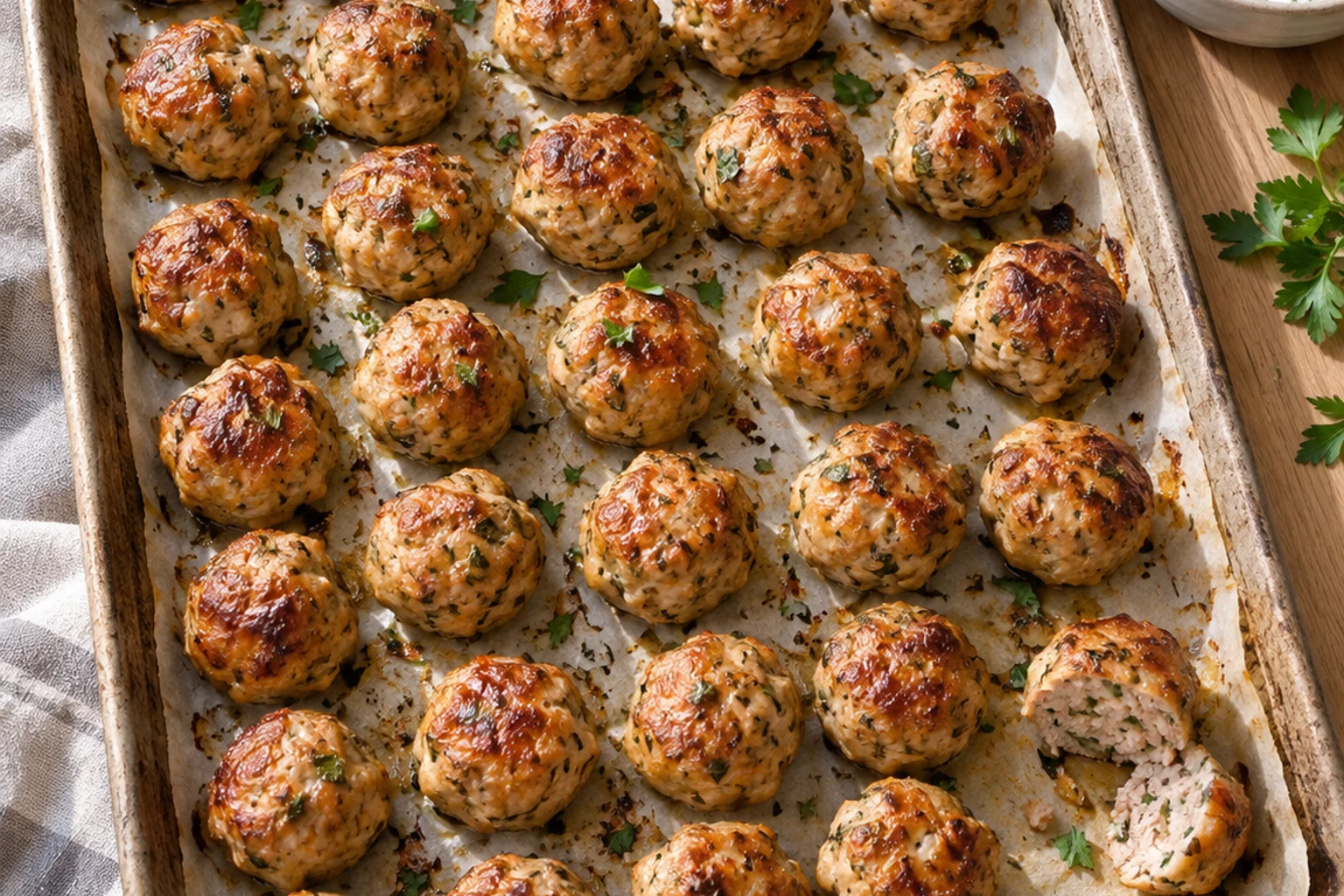 Small browned turkey meatballs on a parchment-lined sheet pan with a bowl of yogurt dip