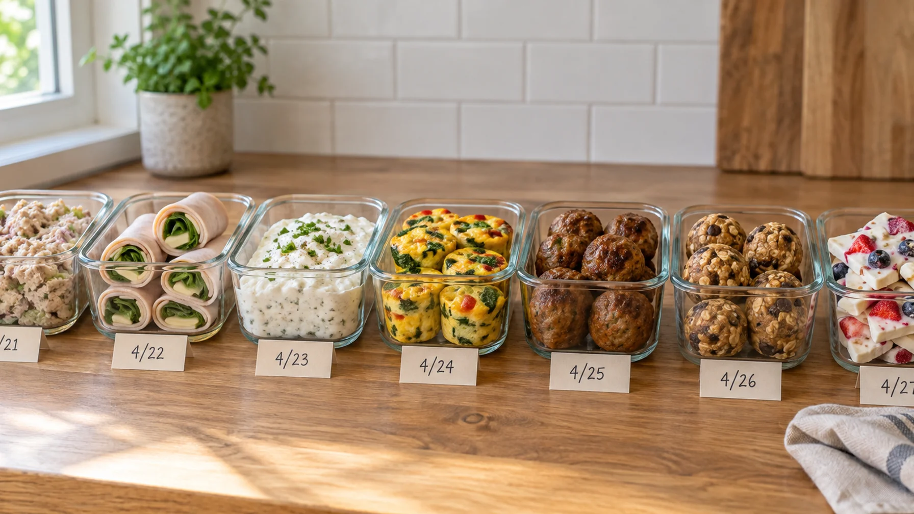 Seven glass containers lined up on a counter, each holding a different protein snack with a small date label