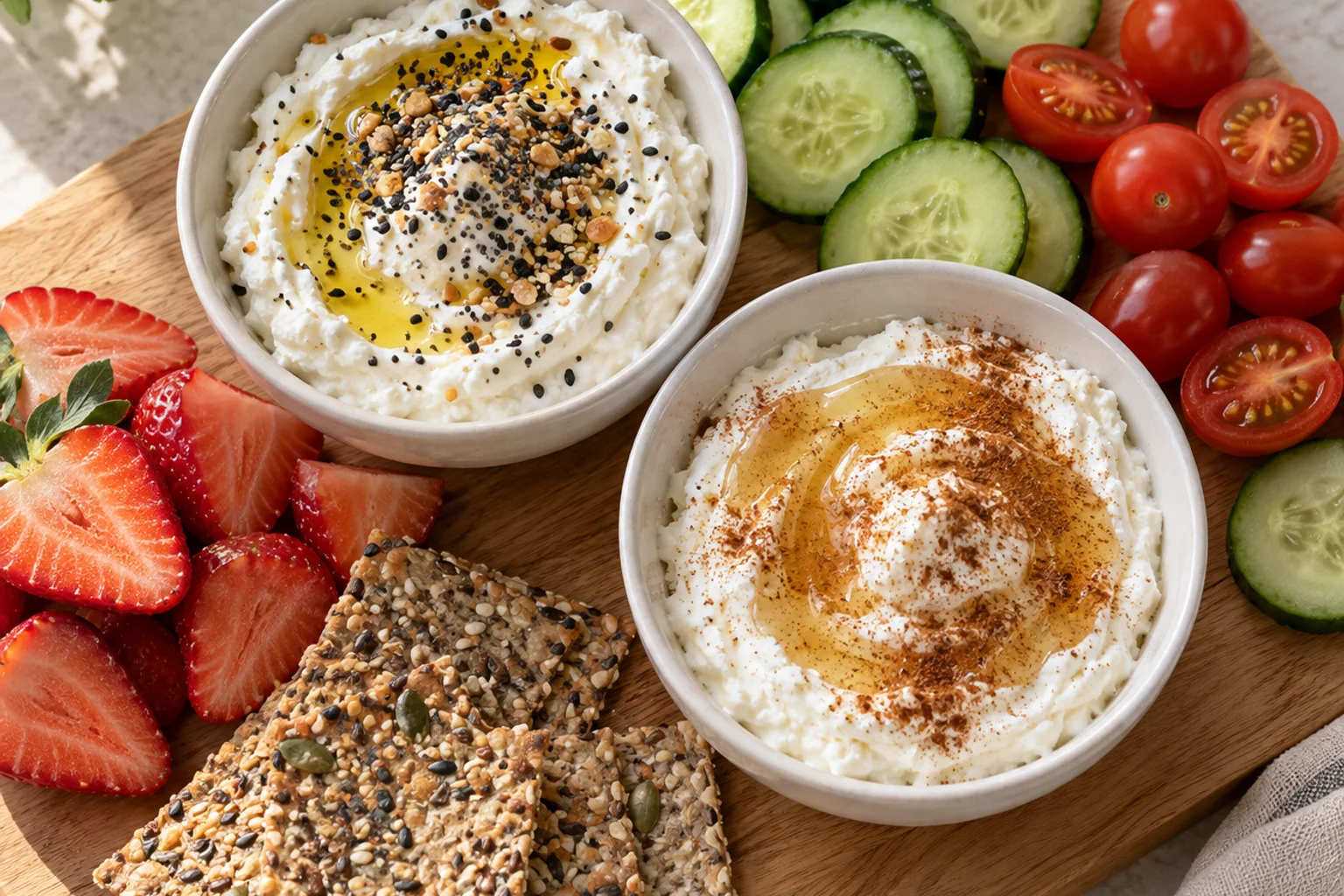 Two small bowls of whipped cottage cheese, one with olive oil and seeds, one with honey and cinnamon, surrounded by vegetables and berries