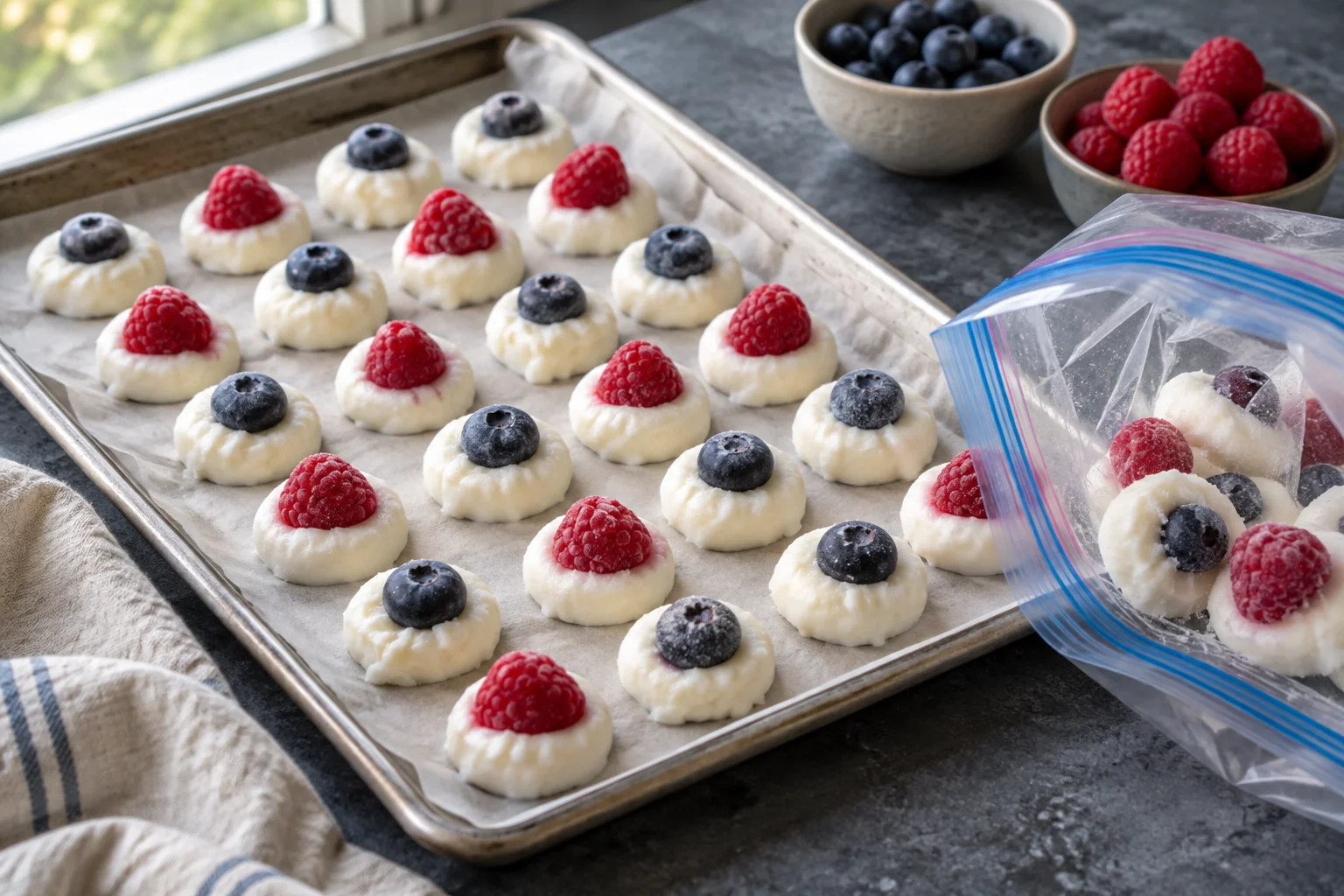 Parchment-lined tray of round frozen yogurt bites topped with berries, next to an open freezer bag