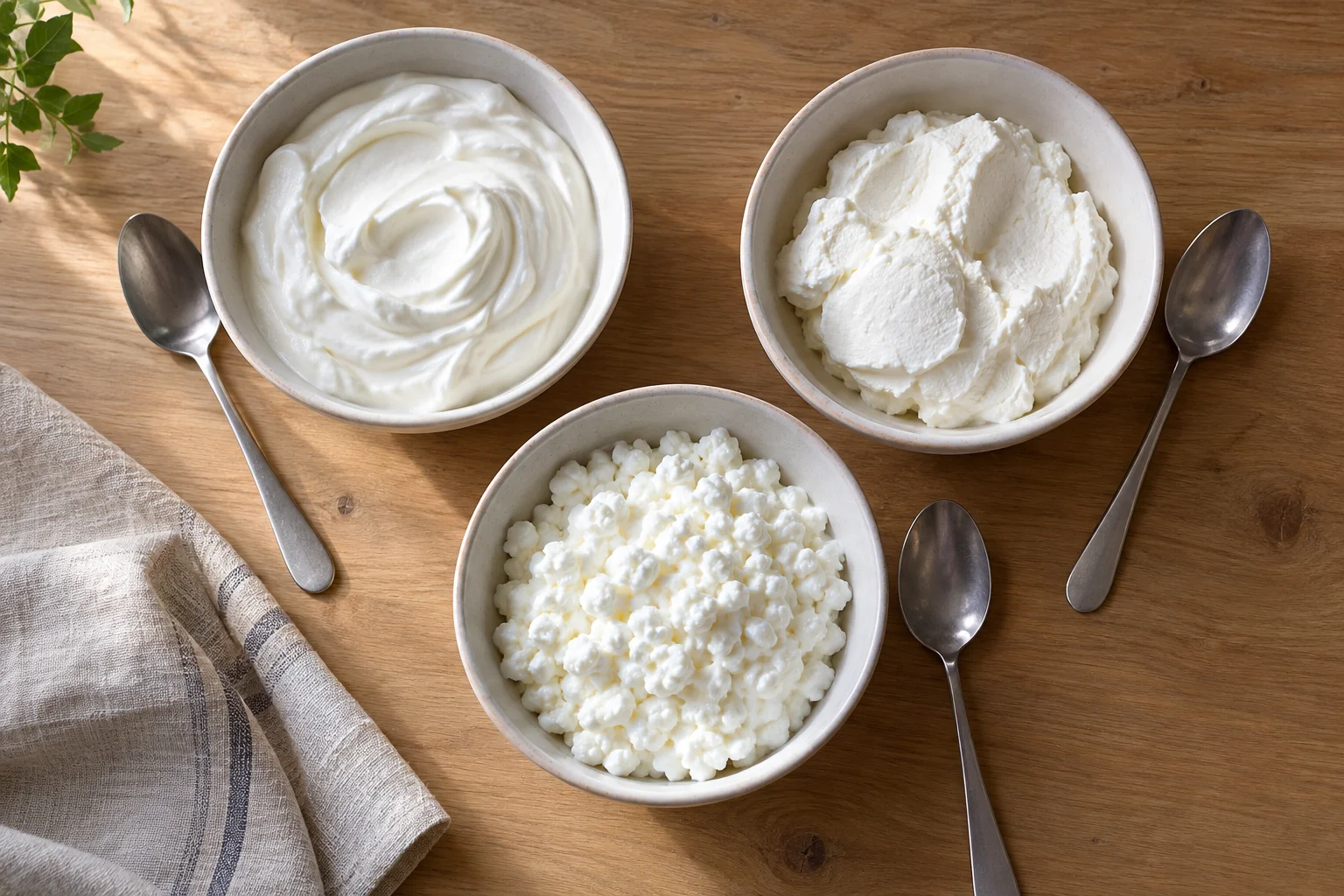 Three white bowls on a light oak table holding plain Greek yogurt, skyr and cottage cheese, each with a metal spoon